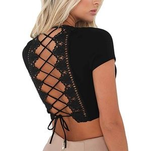 V Neck Short Sleeve Back Cross Tied Up Crop Top